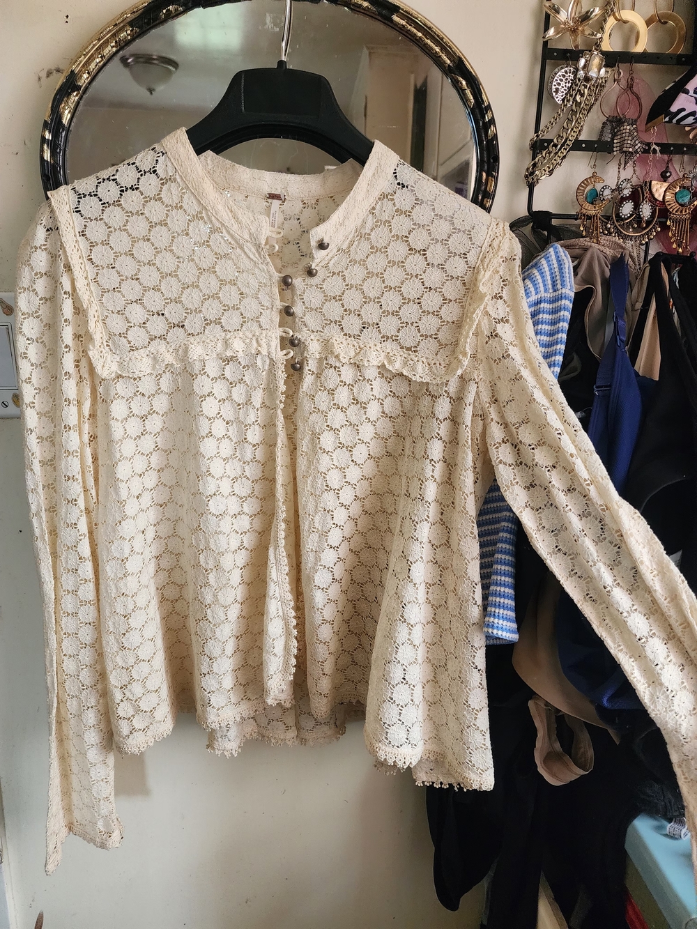 Free People Cream Crochet Lace Button-Front Blouse with Scalloped Bib
